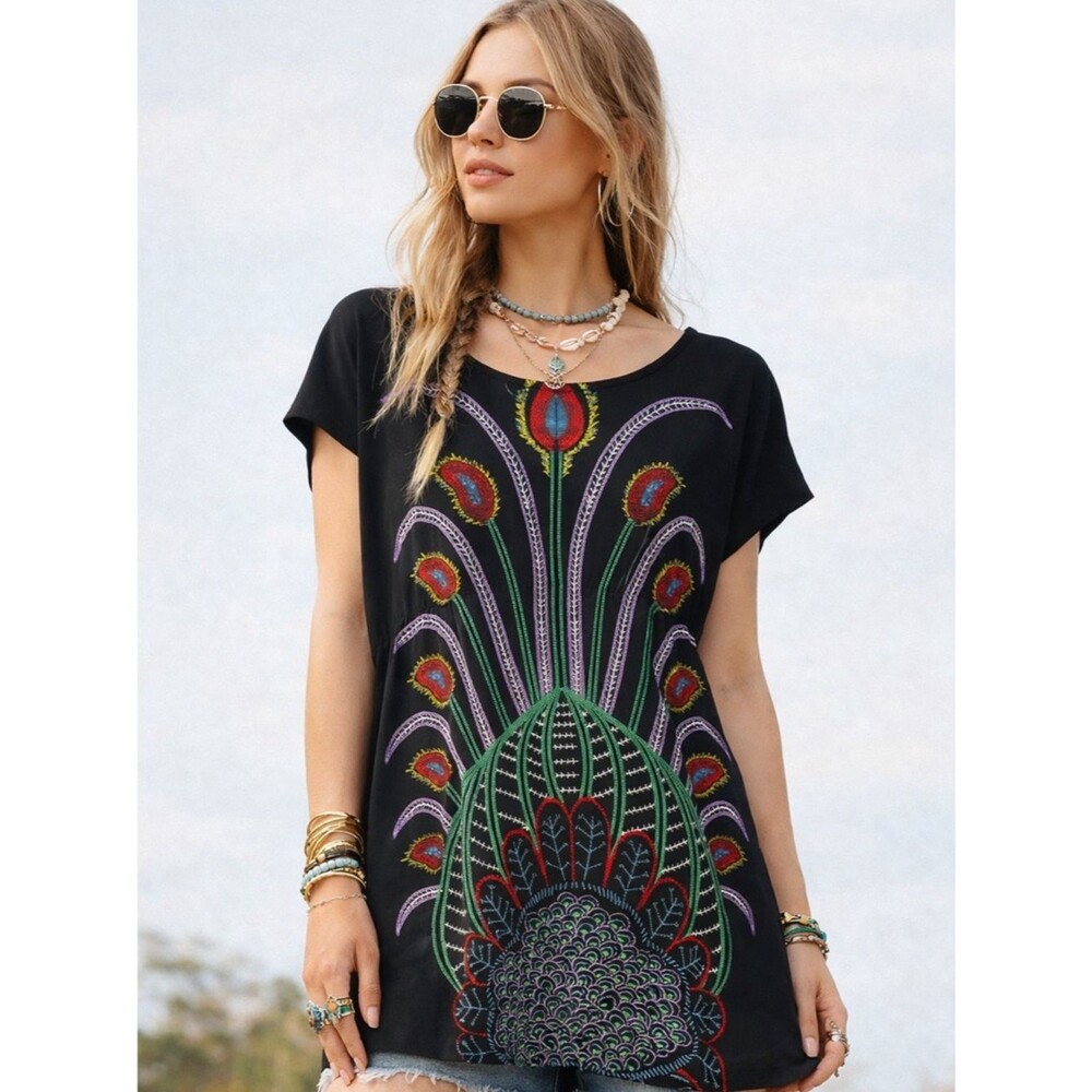 Funky People Abstract Floral Print Tunic Top Boho Artsy Festival Chic Size S